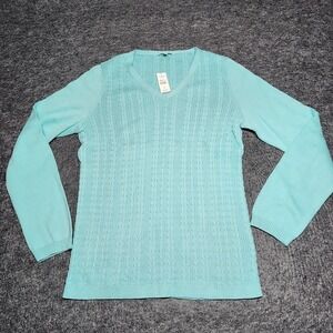 Talbots Classic Cable Knit V-Neck Pullover Sweater Aqua Blue Medium NWT